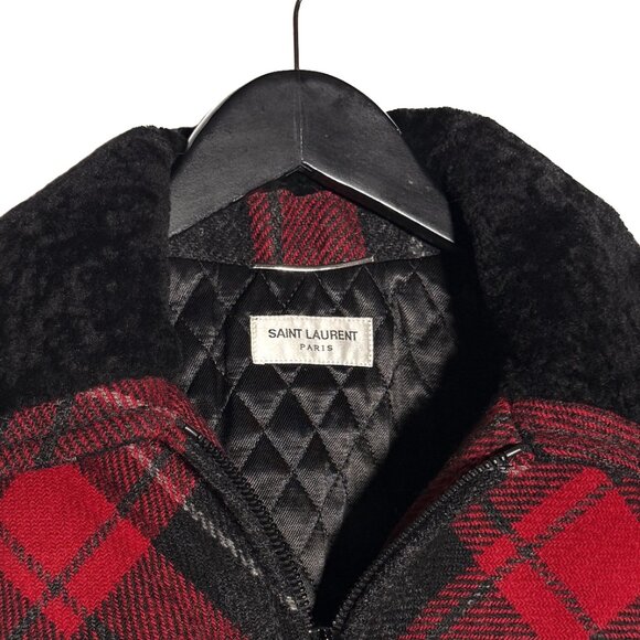 Saint Laurent Shearling Collar Black Red Plaid Jacket - Picture 3 of 11